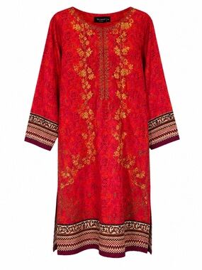Bin Saeed Khaddar Embroidered Cotton Tunic Dress Red Gold Medium